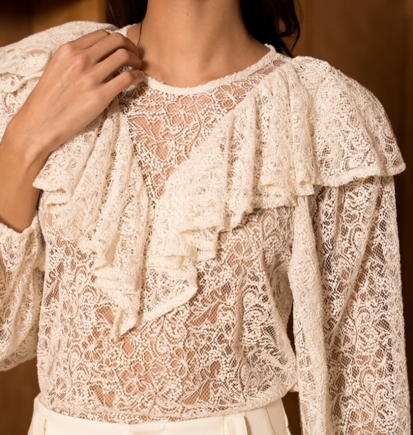 BLOUSE EN DENTELLES - COL À VOLANTS