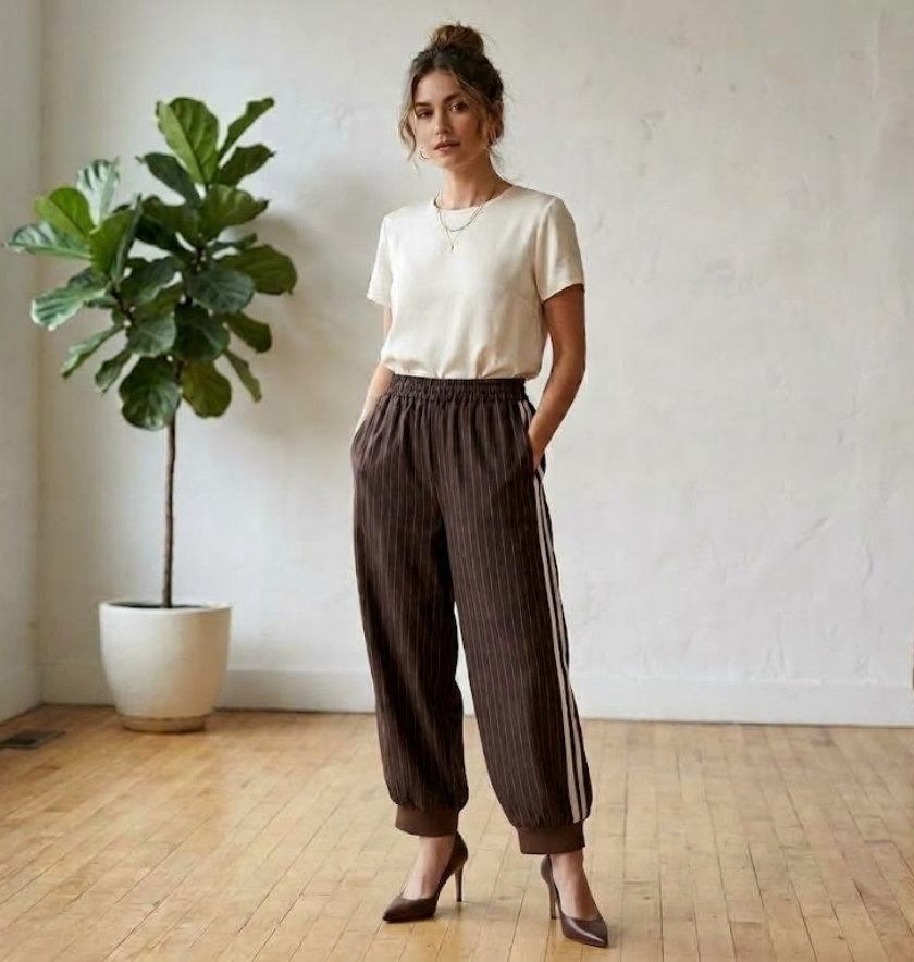 PANTALON ALADDIN (marron foncé et bandes beiges sur le coté)