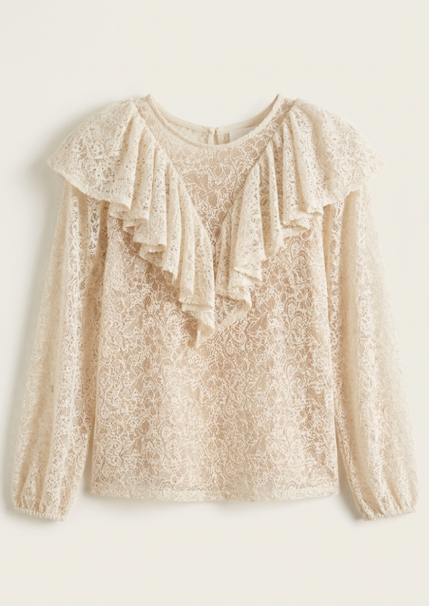 BLOUSE EN DENTELLES - COL À VOLANTS