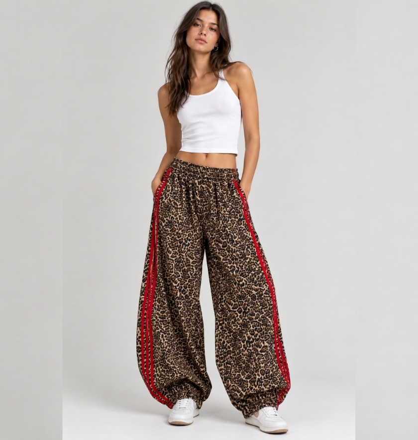 PANTALON ALADDIN (léopard avec bandes rouges sur le coté)